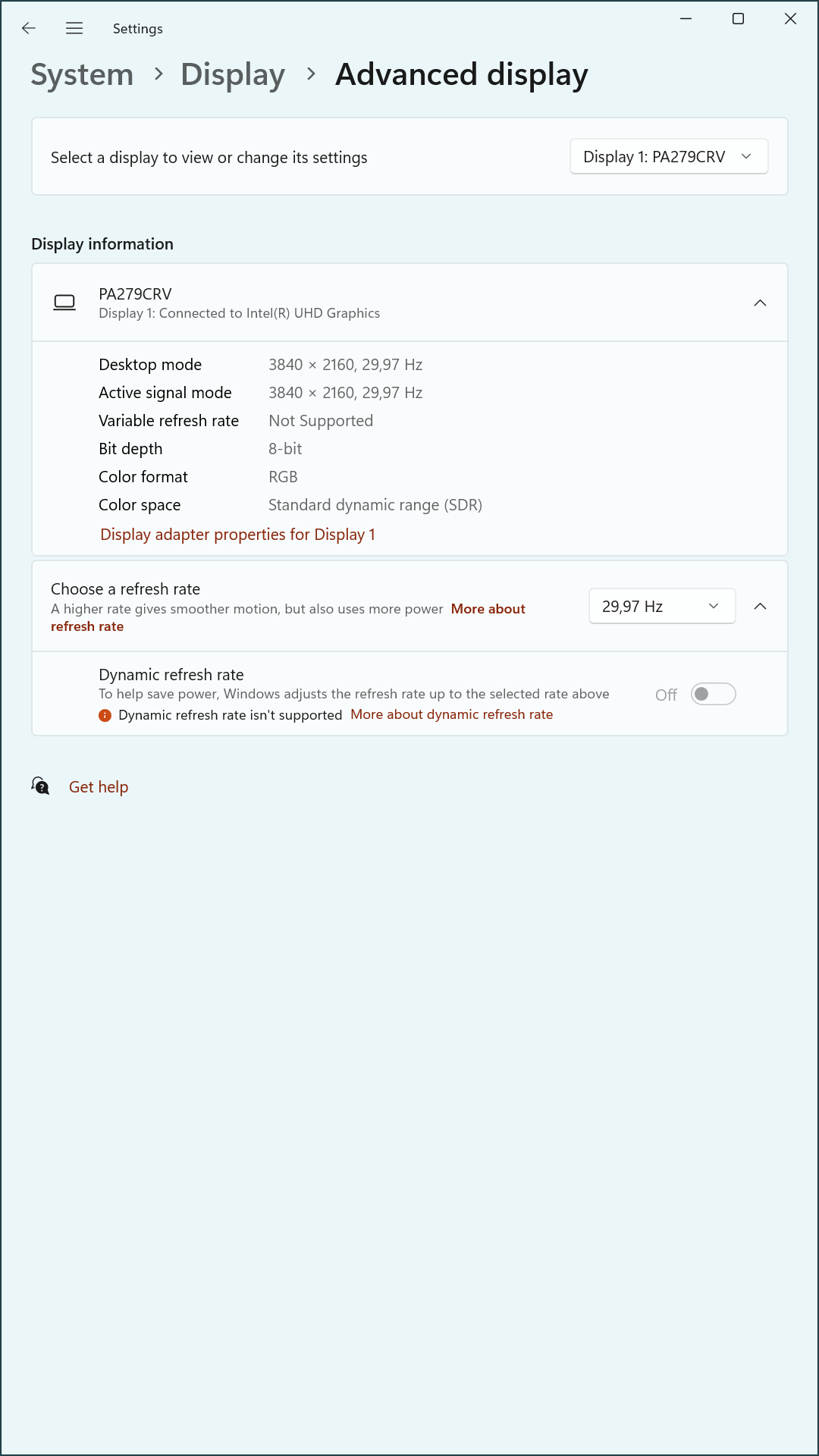 Advanced display settings for PA279CRV set to 3840×2160 @ 29.97 Hz.