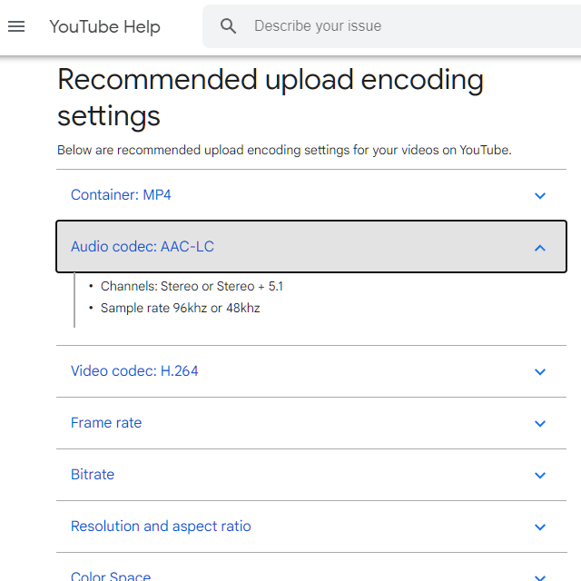 YouTube Recommended upload encoding settings